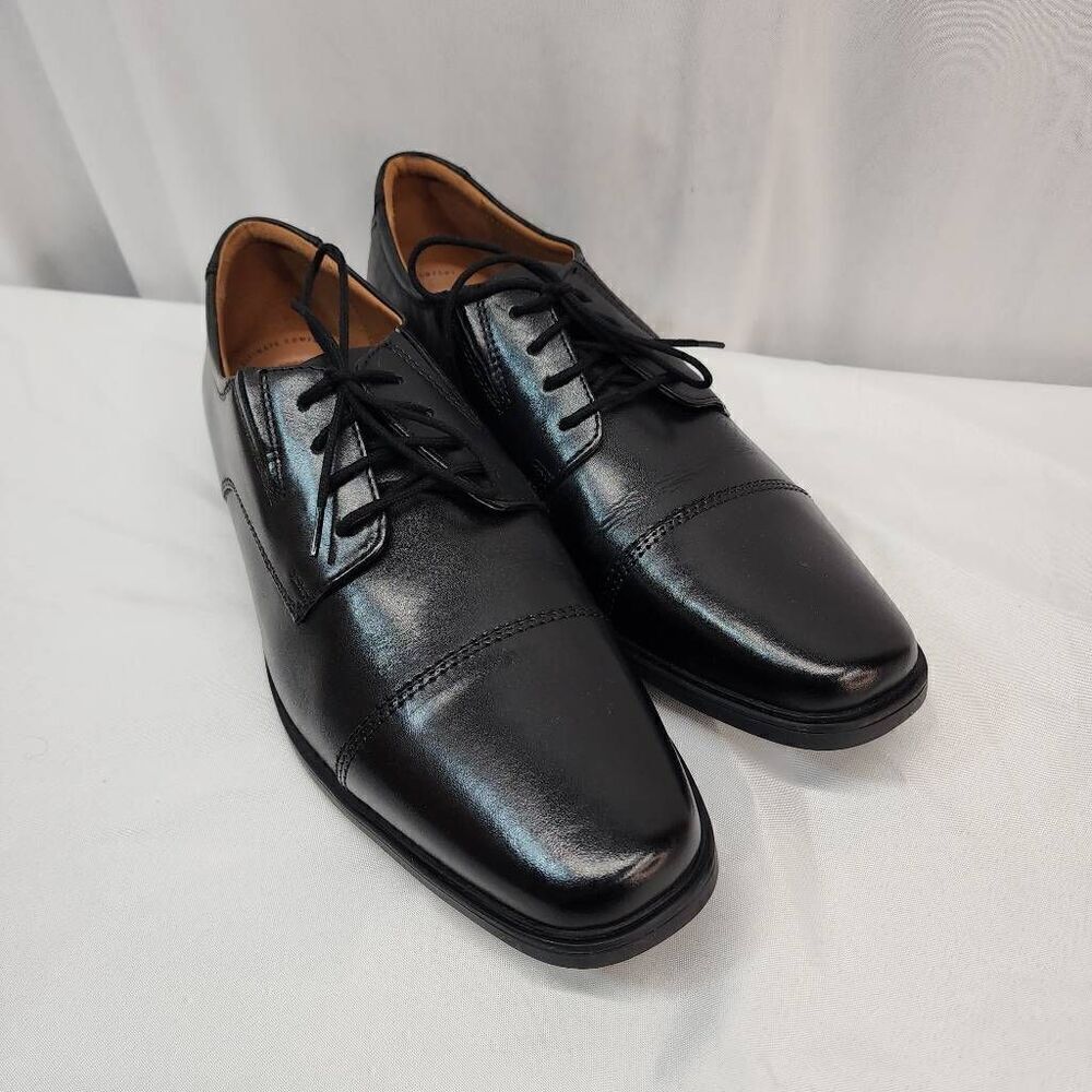 Clarks® Tilden Mens Size 10.5 W Leather Cap-Toe Dress Shoes Black